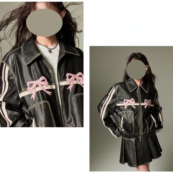Women’s Pink YELLOOP Faux Leather Bow Jacket, Vintage Y2K Style - Picture 6 of 6